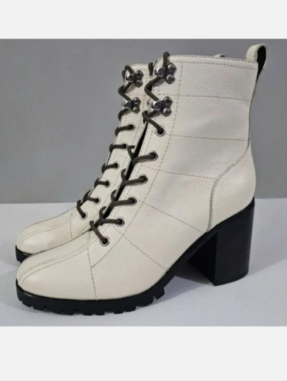 Paige Christie Combat Ankle Boots Womens 9.5 Ivory Leather Lug Sole Block Heel